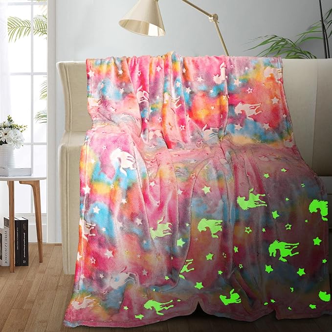 TEHALK Personalized Unicorn Blanket for Girls, Glow in The Dark, Kids Throw Blanket, 30"x40", Pink