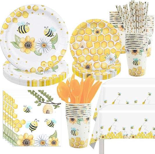 Bee Tableware - Bumble Bee Themed Party Supplies Include Plates, Cup, Napkin, Cutlery, Tablecloth, Straws, Gender Reveal Baby Shower Birthday Party Decorations | Serve 24