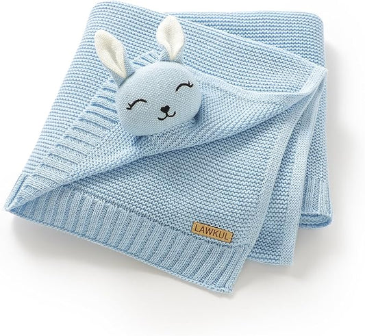 LAWKUL Bunny Lovey Baby Blanket Soft Plush Security Blanket Knit Snuggle Comfort for Newborns Toddlers Boy Girl Blue 40x30in
