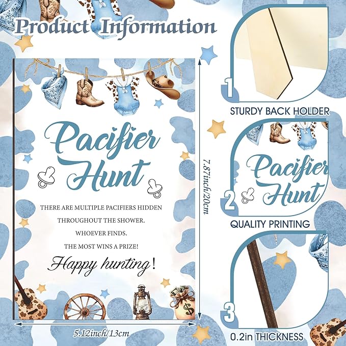 Thyle 51 Pcs Pacifier Hunt Baby Shower Games Include Hunt Sign and 50 Acrylic Pacifiers for Baby Shower Game Decoration Gift Sets Gender Reveal Party Decor(Cowboy)