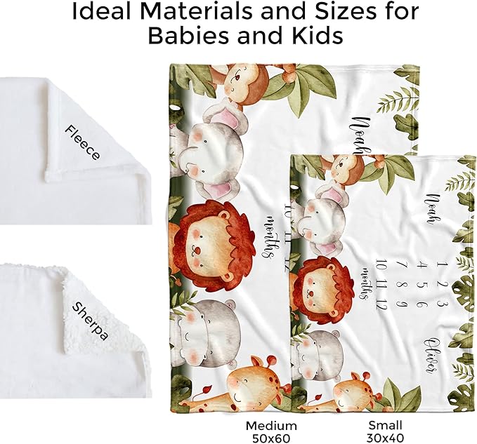 MDPrints Global Personalized Twin Milestone Blanket, Custom Monthly Baby Blankets with Name for Boys and Girls, 30x40 & 50x60inch Soft Plush Fleece (Safari 541)