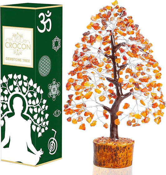 Carnelian Chakra Tree of Life - Crystal for Positive Energy, Handmade Gemstone Feng Shui Decor, Good Luck Money Tree Bonsai - Orange Healing Crystals for Sacral Chakra, Prosperity Gift