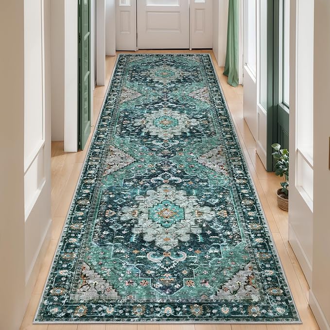 Ciicool Washable Vintage Runner Rug - 2'6" x 10' ft Hallway Carpet, Boho Low Pile Long Non Slip Soft Stair Runner Kitchen Carpet Indoor Oriental Throw for Living Room Bathroom Entry