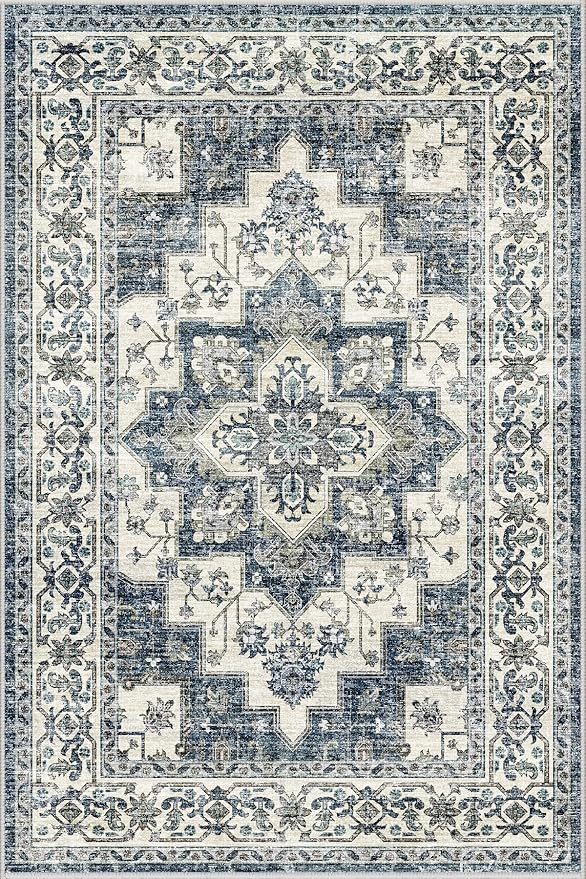 Dripex Vintage Washable Area Rug - 5x8 Distressed Rugs for Living Room Bedroom Oriental Medallion Floral Print Carpet Low-Pile Indoor Soft Non-Slip Accent Rug Farmhouse Office Home Decor