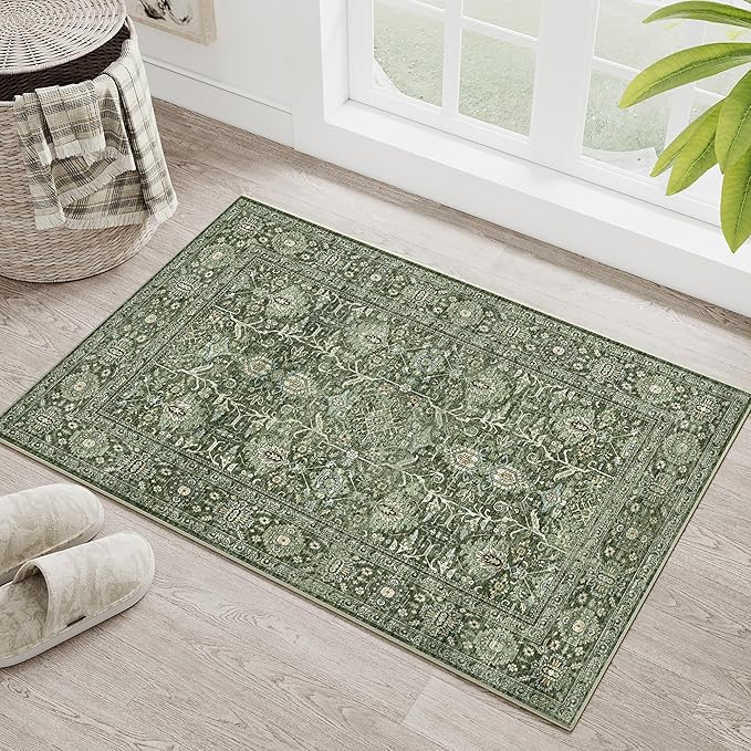 Green Entryway Rug 2x3 Vintage Area Carpet Indoor Kitchen Washable Door Mat Living Room Entrance Small Low Pile Traditional Distressed Retro Accent Throw Rug Non Slip Office Bathroom