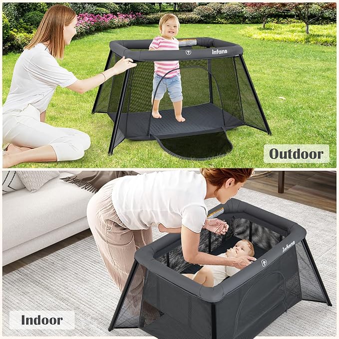 INFANS Travel Crib, Portable Baby Playpen with Removable Bassinet Soft Mattress Carry Bag, Foldable Lightweight Playard Nursery Center for Newborns Toddlers (Dark Gray)
