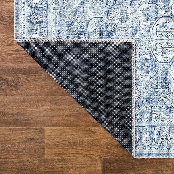 Bloom Rugs Washable Non-Slip 12 ft Runner - Ivory/Denim Blue Traditional Medallion Runner for Entryway, Hallway, Bathroom, and Kitchen - Exact Size: 2.5' x 12'