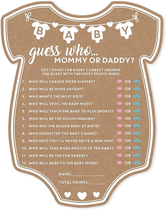 Party Hearty Baby Shower Games for Girl or Boy, 50 pcs Mommy or Daddy Guess Who Game, Fun Activity Cards, Gender Neutral, Baby Shower Ideas