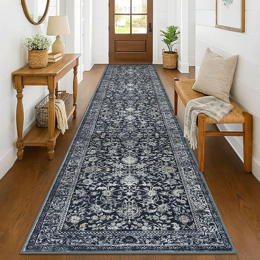 KILOCOCO Runner for Hallway 3x14 Runner Rug Printed Vintage Floral Washable Rug Kitchen Runners Soft Non-Slip Low Pile Hallway Runners Laundry Room Distressed Boho Rugs, Navy/Charcoal
