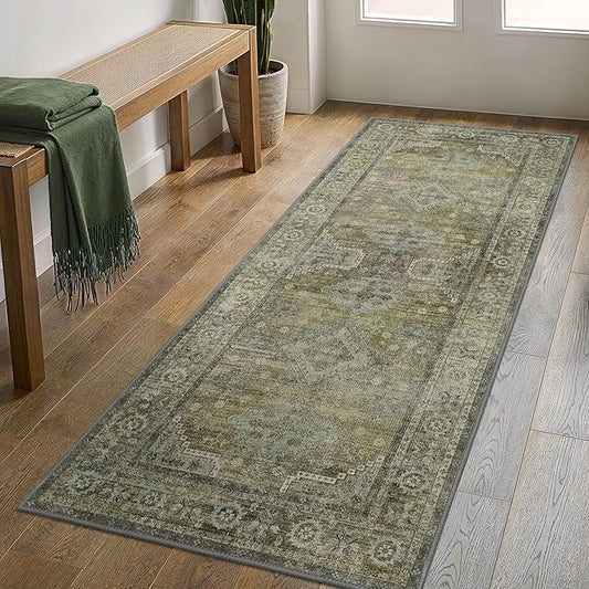 GENIMO Runner Rug 2x4 Non Slip Machine Washable Vintage Hallway Runner Rugs, Low Pile Lightweight Mat for Living Room, Entryway, Bedroom, Kitchen and Corridor, Distressed Sage