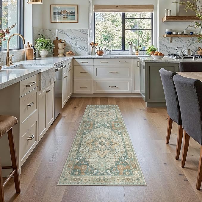 GENIMO 2x5 Runner Rugs for Hallway, Machine Washable Non Slip Vintage Rugs, Low Pile Lightweight Soft Print Rug for enrtyway, Corridor, Home Office, Kitchen,Ash Blue