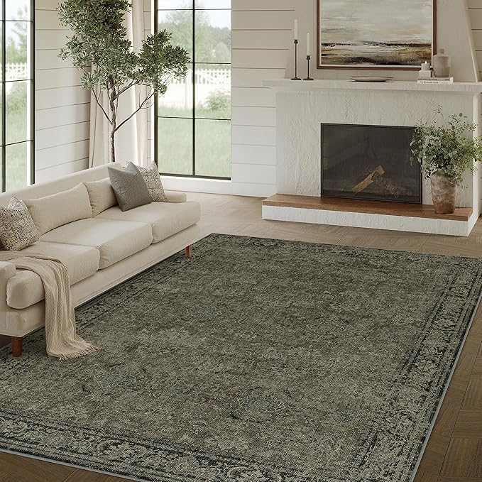 Vintage Area Rug 9x12 Washable Olive Brown Living Room Carpet Large Indoor Non Slip Bedroom Low Pile Kitchen Distressed Retro Accent Throw Rug for Dining Room