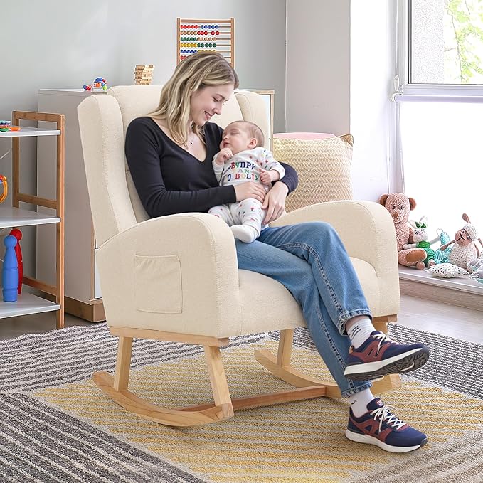 Rocking Chair Nursery, Nursing Rocking Chairs for Mom Nursery, Comfy Wingback Glider Rocking Armchair with Side Pocket for Nursery Living Room, Beige