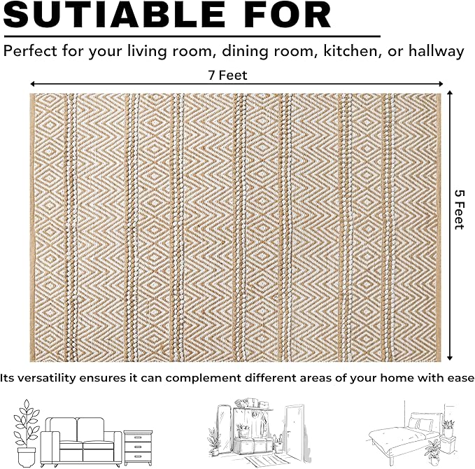 Natural Jute Cotton Area Rug 5x7 FT - Machine Washable, Neutral Ivory, Durable Eco-Friendly Farmhouse Living Room Bedroom Carpet - 70% Jute 30% Cotton Textured Stripe Entryway Rug