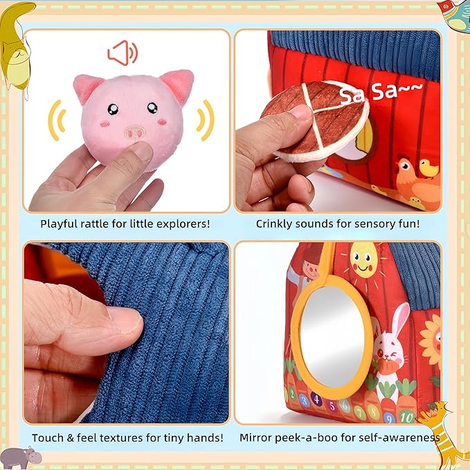 Baby Toys 6-12 Months - Soft Barn Playset with Stuffed Farm Animals, Rattle, Crinkle Paper, Mirror - Montessori Toys for 6 9 12 Months Old Babies, Sensory Balls Toddlers 1-3, 1 Year Old Boy Girl Gifts