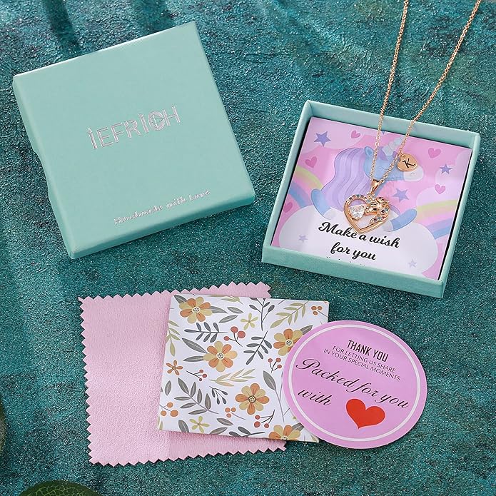 Unicorn Necklace Gifts for Girls Kids - Colorful CZ Heart Initial Necklaces Unicorn Necklace for Girls Jewelry Birthday Gifts for Little Girl Kids