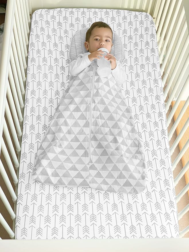 BaeBae Goods Crib Sheets for Baby Boys and Girls, 4 Pack, Soft and Breathable Jersey Knit Fitted Sheet Set, Cute Gender Neutral Nursery Mattress Bedding, Universal Fit (Grey Triangles)