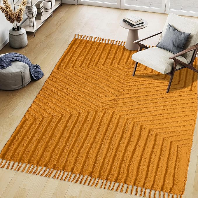 Boho Rugs for Living Room 4x6, Farmhouse Cotton Area Rug for Bedroom, Washable Tufted Indoor Floor Carpet for Kitchen Dorm Office Dining Room Office Home Decor, Mustard
