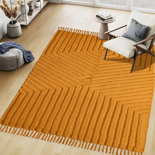 Boho Rugs for Living Room 4x6, Farmhouse Cotton Area Rug for Bedroom, Washable Tufted Indoor Floor Carpet for Kitchen Dorm Office Dining Room Office Home Decor, Mustard