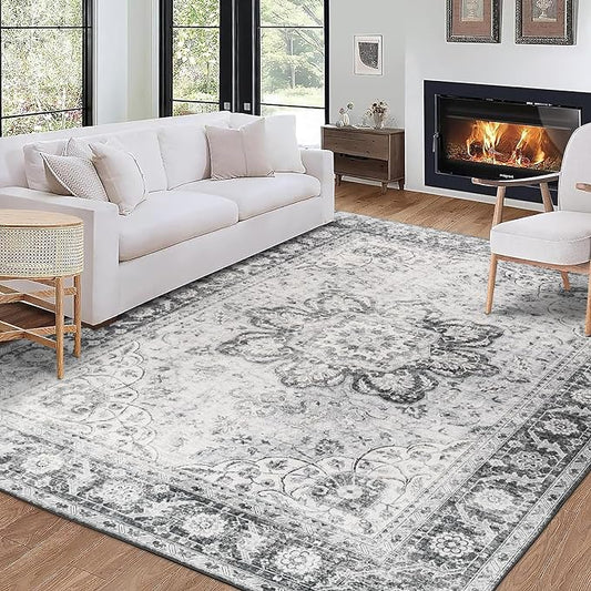 ReaLife Rugs Machine Washable Area Rug - Living Room Bedroom Bathroom Kitchen Entryway Office - Padded Low Pile Stain Resistant Premium - Boho Farmhouse Vintage - Joy - Gray 7'6" x 9'6"
