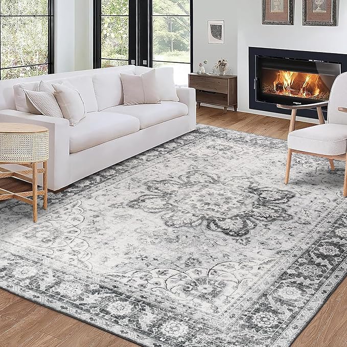 ReaLife Rugs Machine Washable Area Rug - Living Room Bedroom Bathroom Kitchen Entryway Office - Padded Low Pile Stain Resistant Premium - Boho Farmhouse Vintage - Joy - Gray 4' x 6'