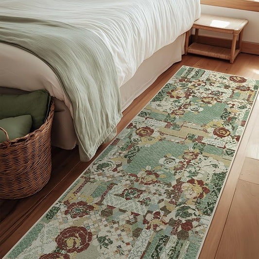 GENIMO Floral Runner Rug 2X6, Machine Washable Non Slip Vintage Patchwork Hallway Runner, Ultra-Thin Low Pile Runners for Indoor Entryway, Hallway, Kitchen and Corridor, Celadon Green