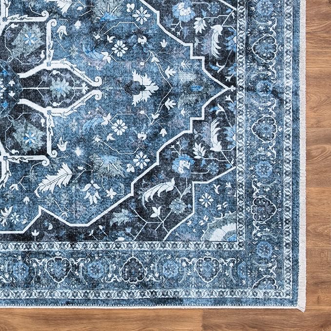 Bloom Rugs Caria Washable Non-Slip 10 ft Runner - Blue/Charcoal Traditional Runner for Entryway, Hallway, Bathroom, and Kitchen - Exact Size: 2'6" x 10'