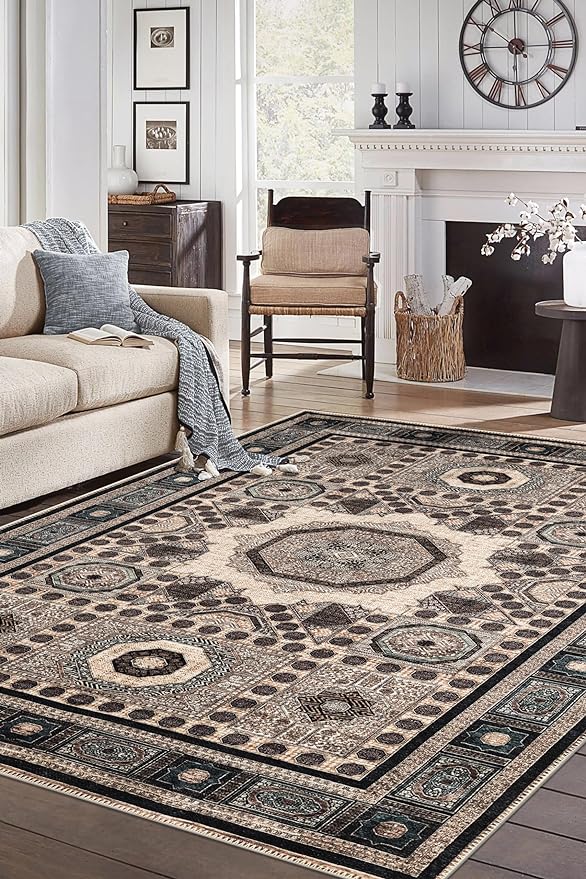 Keen Home Design 6x9 Rug - Machine Washable Area Rug with Non-Slip Backing, Ideal for Living Room, Dining Room, Bedroom - Vintage, Easy Clean, Durable, Low Pile Rug - (6' x 9')