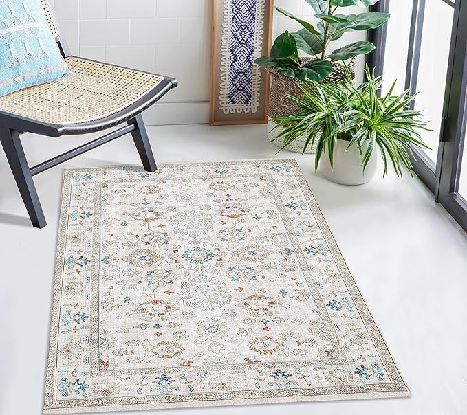 Washable Soft Small Boho Area Rugs, Rags Rug, Printed Carpet Chennile Rugs for Living Room 27x45 inch Cream Rust Multi,Machine Washable Printed Rugs - 30% Cotton, 70% Polyester