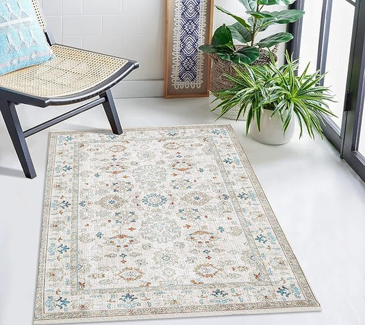 Washable Soft Small Boho Area Rugs, Rags Rug, Printed Carpet Chennile Rugs for Living Room 27x45 inch Cream Rust Multi,Machine Washable Printed Rugs - 30% Cotton, 70% Polyester