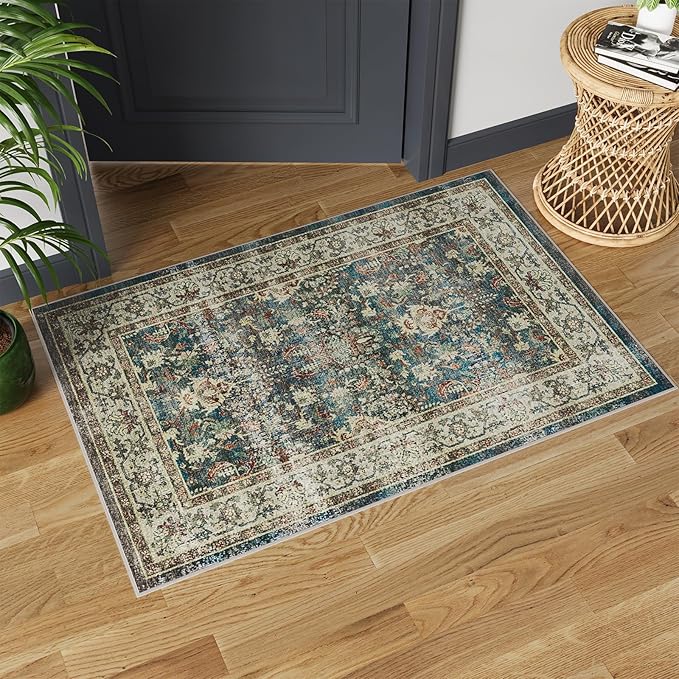 Dripex Vintage Washable Area Rug - 2x4 Indoor Door Mat Oriental Medallion Accent Throw Rug Distressed Foldable Non-Slip Low-Pile Bathroom Kitchen Rug for Entryway Laundry Room Living Room Bedroom