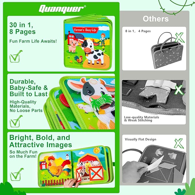 Quanquer Montessori Busy Books for Toddlers 1-3 – Farm Animal Sensory Busy Board for 1 Year Old Boys and Girls, Educational Travel Toy for Airplane Activities, Fine Motor Skill Birthday Gift