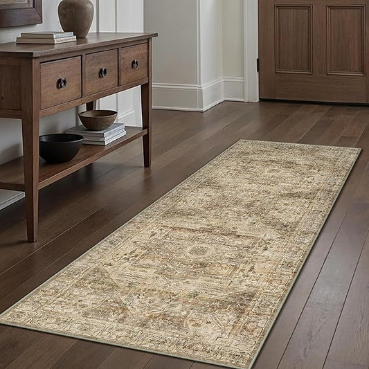 Brown Multi Hallway Runner Rug 3x7 Vintage Washable Distressed Area Carpet Kitchen Indoor Non Slip Long Traditional Medallion Retro Accent Throw Rug for Bedroom Laundry Dining Living Room