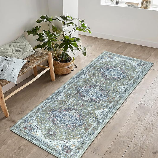 Bloom Rugs Washable Non-Slip 10 ft Runner - Green/Blue Traditional Medallion Runner for Entryway, Hallway, Bathroom, and Kitchen - Exact Size: 2.5' x 10'