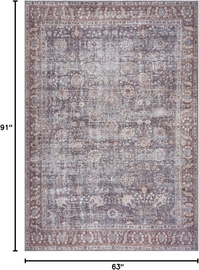 Bloom Rugs Washable 5' x 7' Rug - Brown/Dark Gray Traditional Area Rug for Living Room, Bedroom, Dining Room, and Kitchen - Exact Size: 5' x 7'