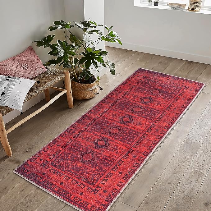Bloom Rugs Washable Non-Slip 7 ft Runner - Red Traditional Bordered Runner for Entryway, Hallway, Bathroom, and Kitchen - Exact Size: 2.5' x 7'