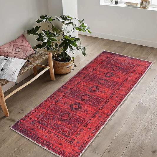 Bloom Rugs Washable Non-Slip 7 ft Runner - Red Traditional Bordered Runner for Entryway, Hallway, Bathroom, and Kitchen - Exact Size: 2.5' x 7'