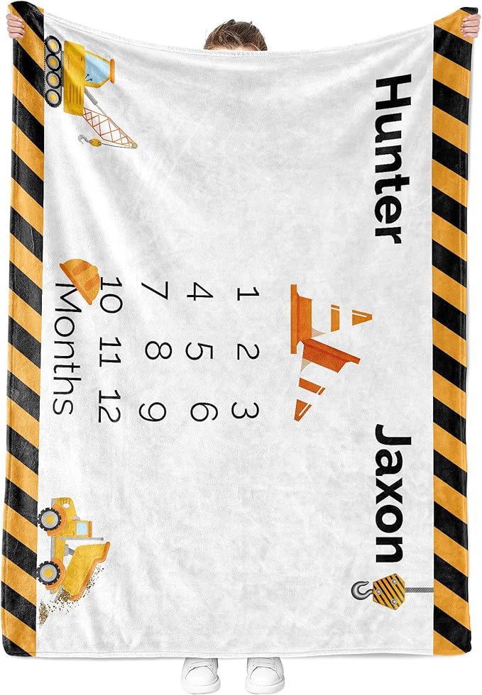 MDPrints Global Personalized Twin Milestone Blanket, Custom Monthly Baby Blankets with Name for Boys and Girls, 30x40 & 50x60inch Soft Plush Fleece (Tractor 536)