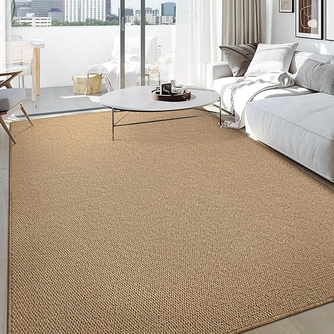 Carvapet 5x7 Rugs for Living Room Bedroom, Washable Jute Low Pile Solid Natural Carpet with Rubber Backing, Foldable, Non Slip Thin Area Rug
