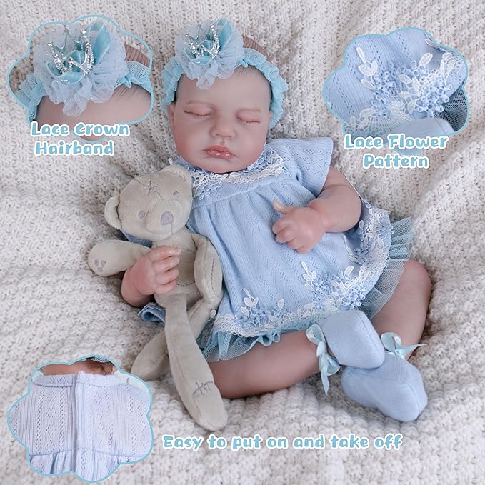 Reborn Baby Dolls Clothes Girl Blue Baby Doll Clothes 17-20 Inches Doll Outfits and Accessories for Newborn Girl