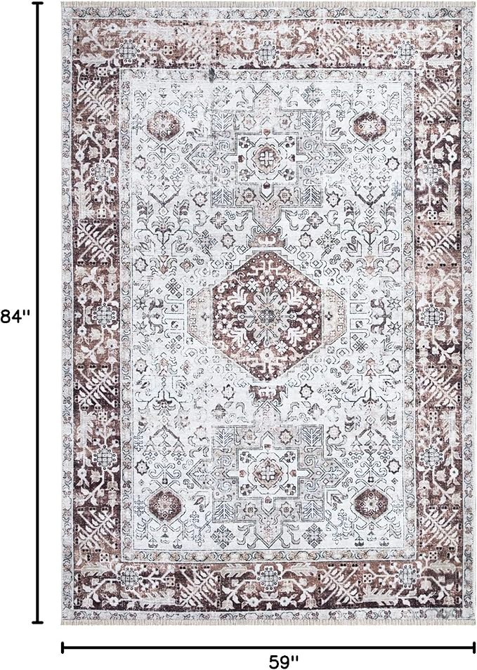 Bloom Rugs Caria Washable Non-Slip 5x7 Rug - Beige/Brown Traditional Area Rug for Living Room, Bedroom, Dining Room, and Kitchen - Exact Size: 5' x 7'