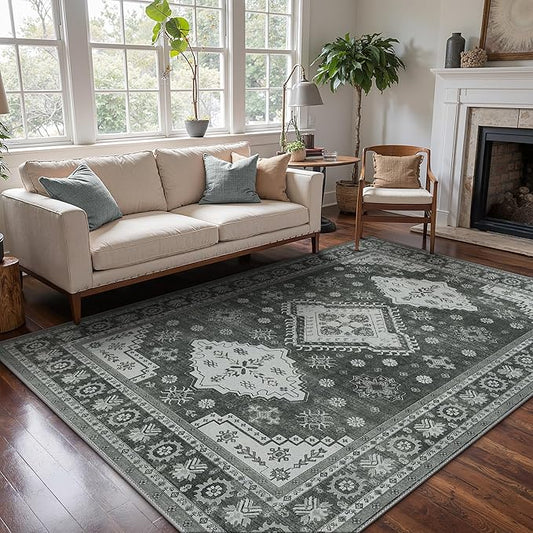 GENIMO Washable Rug 6X9 Area Rugs for Living Room Bedroom, Machine Washable Area Rug, Print Vintage Tribal Aesthetic Carpet, Low Pile Mat with Non Slip Rubber Backing, Distressed Charcoal