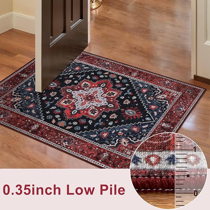 Ciicool Boho Area Rug 4x4ft Round Washable Bedroom Non-Slip Vintage Entryway Throw Low-Pile Indoor Carpet for Living Room Foyer