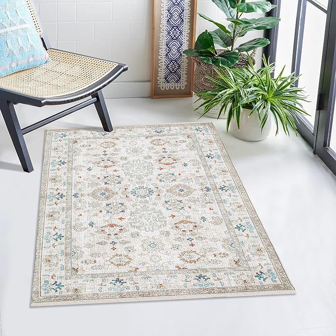 Washable Soft Small Boho Area Rugs, Rags Rug, Printed Carpet Chennile Rugs for Living Room 27x45 inch Cream Rust Multi,Machine Washable Printed Rugs - 30% Cotton, 70% Polyester