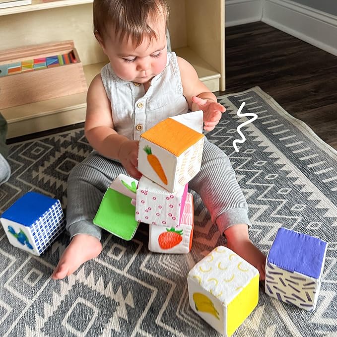 Quiggly Rainbow Soft Baby Blocks - 8 Colorful, Montessori Sensory Blocks for Babies & Toddlers- 100% Cotton, Non-Toxic Play Set with Rattle, Crinkle, Textures- Stacking Building Blocks for 3-12 Months