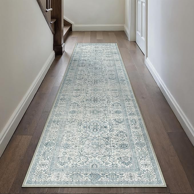 Blue Runner Rug 3x10 Vintage Area Carpet Hallway Long Indoor Kitchen Washable Living Room Low Pile Traditional Distressed Retro Accent Throw Rug Non Slip Laundry Bathroom Office Dining Room