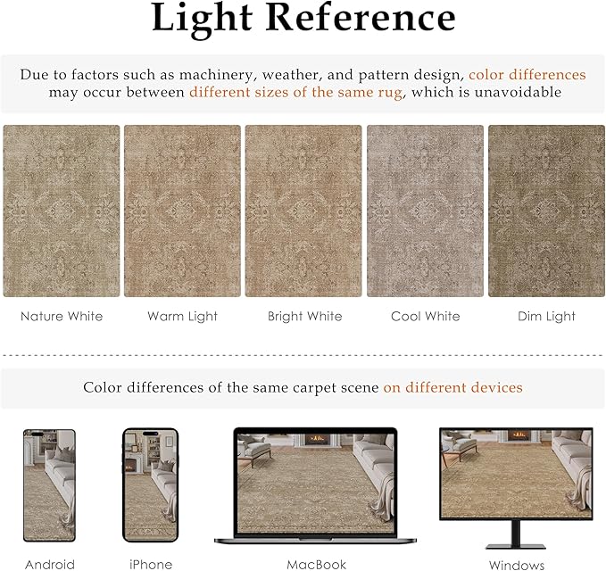 8x10 Light Brown Area Rug for Living Room Washable Vintage Distressed Carpet Large Bedroom Low Pile Non Slip Indoor Soft Retro Throw Accent Rug Office Kitchen Bathroom Dining Room