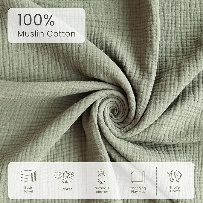 Konssy 2-Pack Muslin Hooded Baby Towels, 100% Cotton, Ultra-Soft & Absorbent Baby Bath Towels with Hood for Newborn & Infant (Fog Green, Sprout, 30'' x 30'')