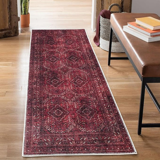 Bloom Rugs Washable Non-Slip 10 ft Runner - Dark Red Traditional Bordered Runner for Entryway, Hallway, Bathroom, and Kitchen - Exact Size: 2.5' x 10'