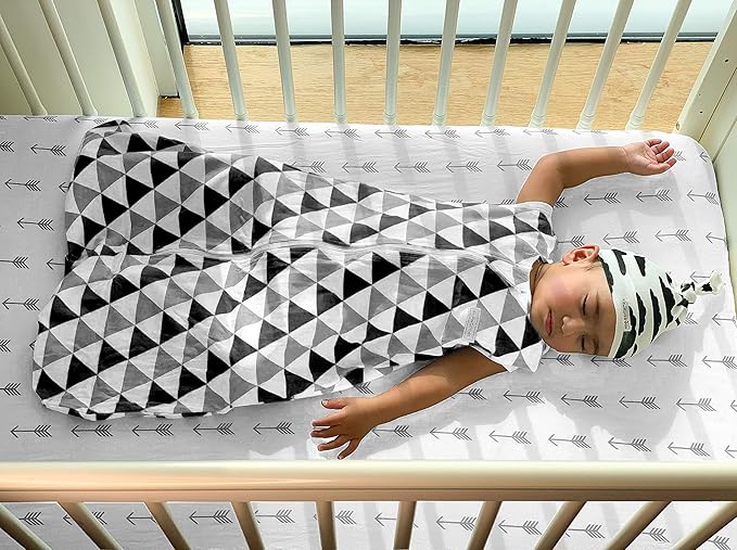 BaeBae Goods Premium Crib Sheets for Baby Boys and Girls, 4 Pack, Soft and Breathable Jersey Knit Fitted Sheet Set, Grey and White, Cute Gender Neutral Nursery Mattress Bedding, Universal Fit